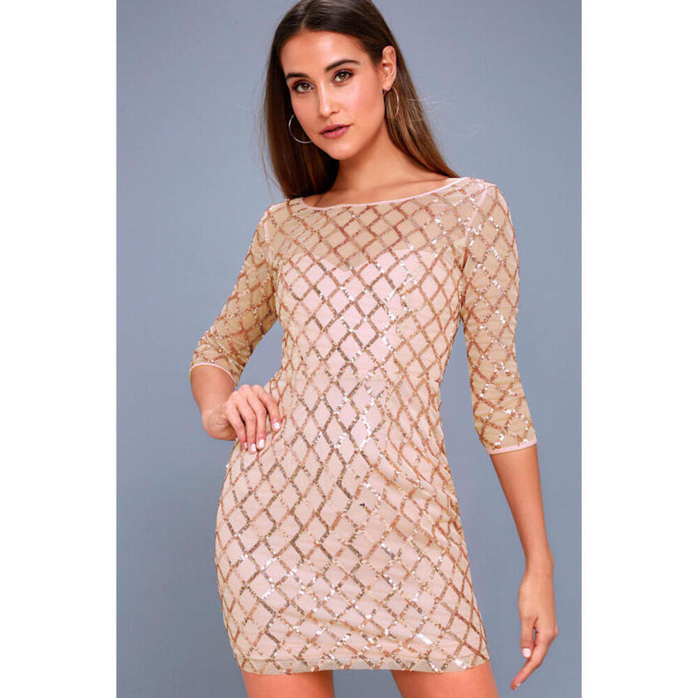 Lulus Party Favor Rose Gold Sequin Bodycon Dress - Size Medium